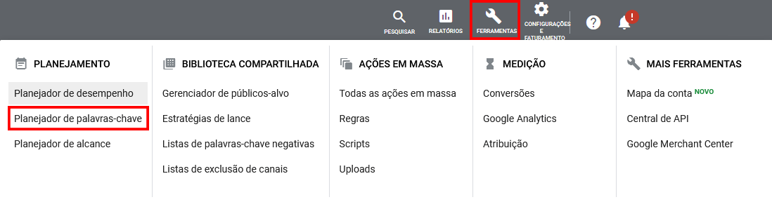 Imagem 1: Acessando o Planejador de Palavras-Chave